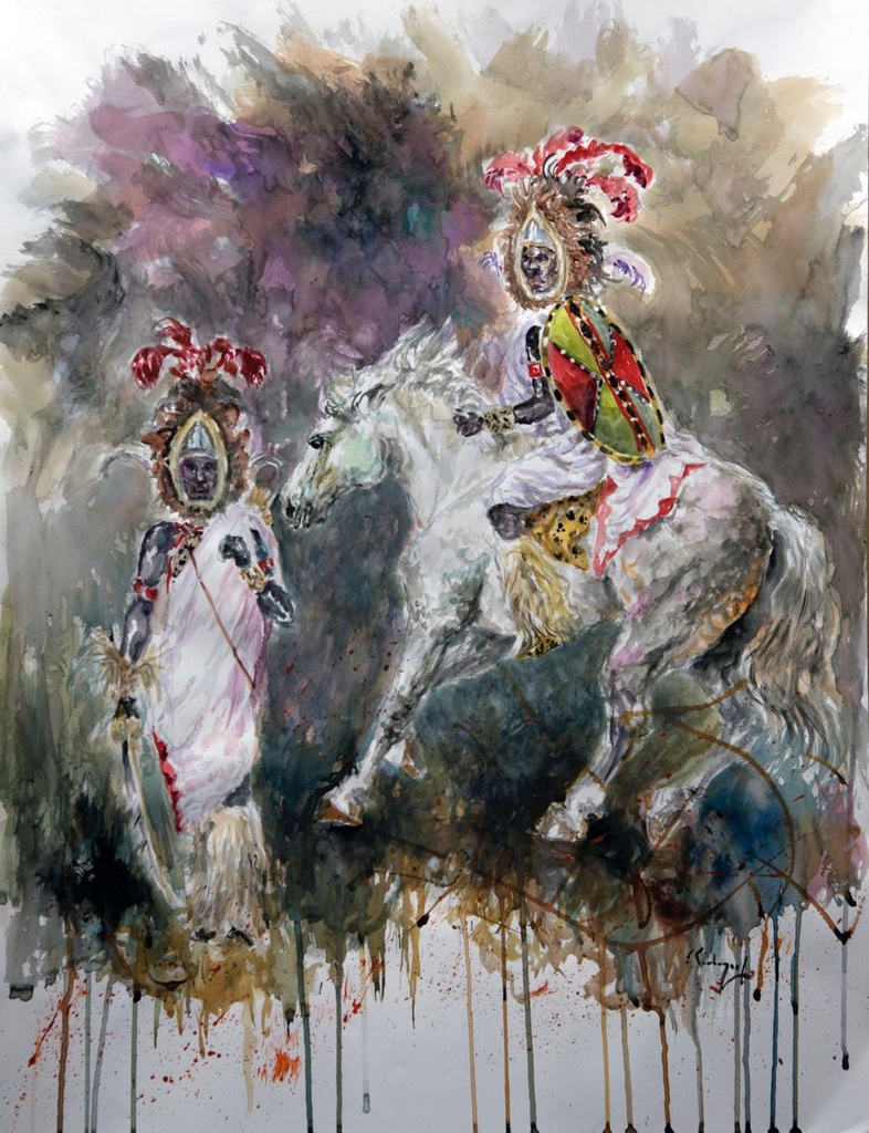 ACUARELA ENMARCADA 50x70 cm 1962 ESQUADRA DEL MIG FILA JUDIOS - LUIS SOLBES