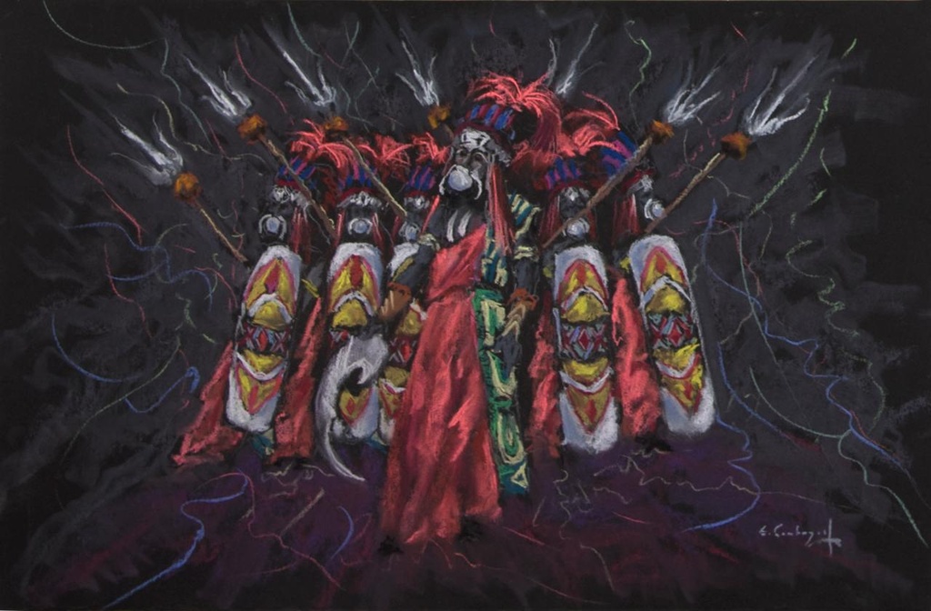 PASTEL ENMARCADO 30x50 cm 1965 ESQUADRA DEL MIG FILA CORDON - LUIS SOLBES