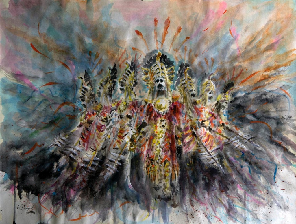 ACUARELA ENMARCADA 50x70 cm 1998 ESQUADRA CAPITAN FILA BERBERISCOS - JOSE MOIÑA