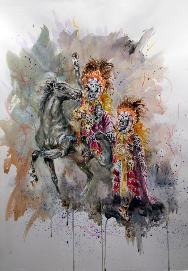 ACUARELA 50x70 cm 2019 ESQUADRA CAPITAN FILA MAGENTA - VICTOR FERRER Y SANTI CARBONELL